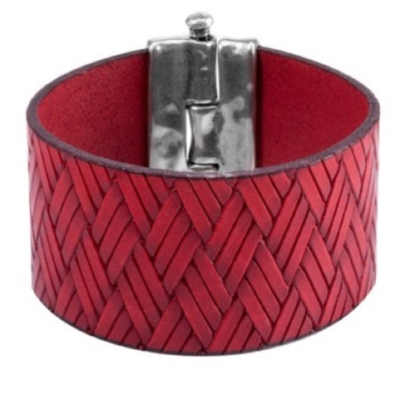 Quadrilateral Red Woven Leather Cuff Bracelet - Picture 1 of 5